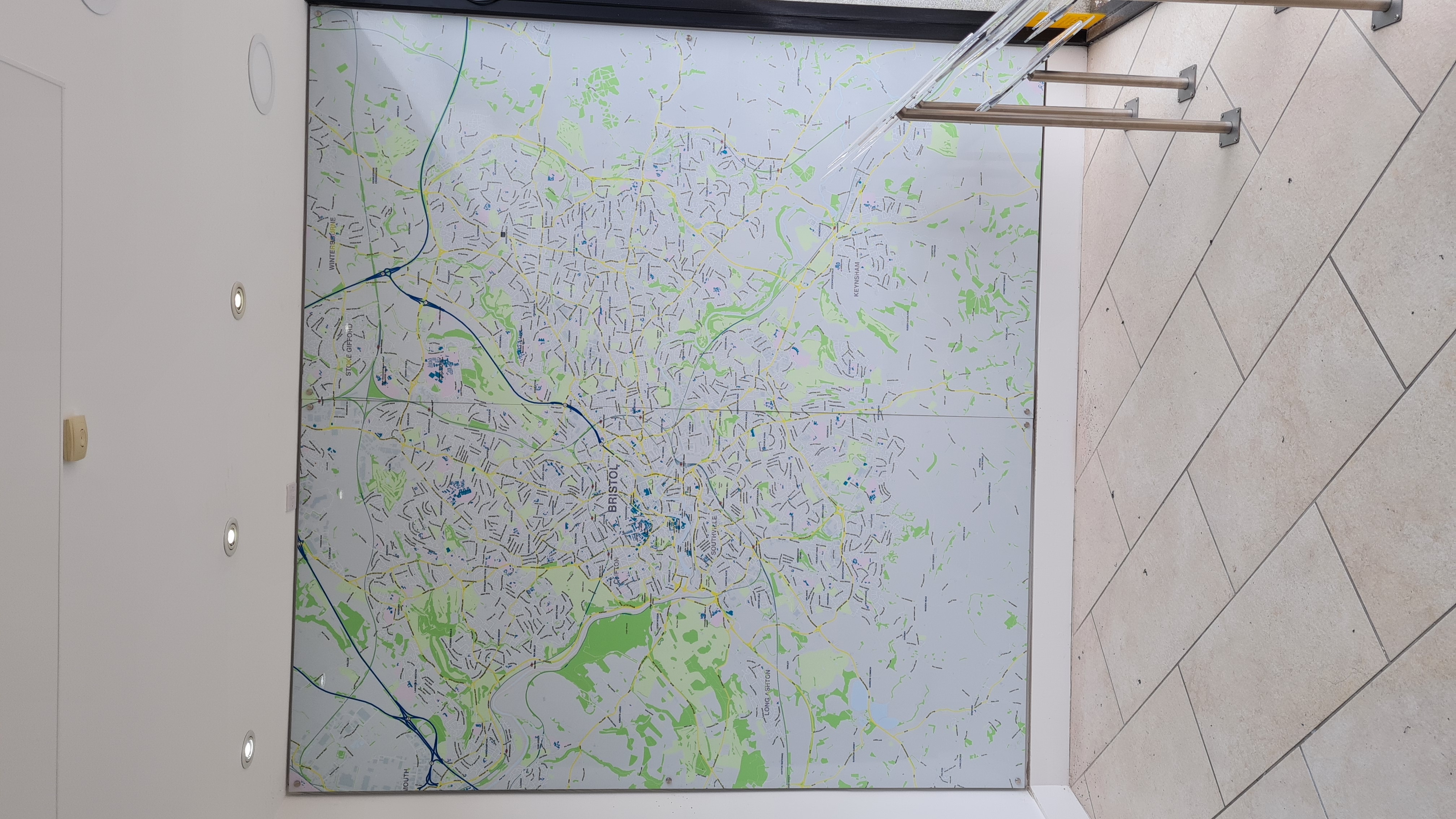 Bristol Map Architectural Film Detail Alternative angle of custom printed Bristol street map architectural window film on glass balustrade, by Deco Studio Bristol