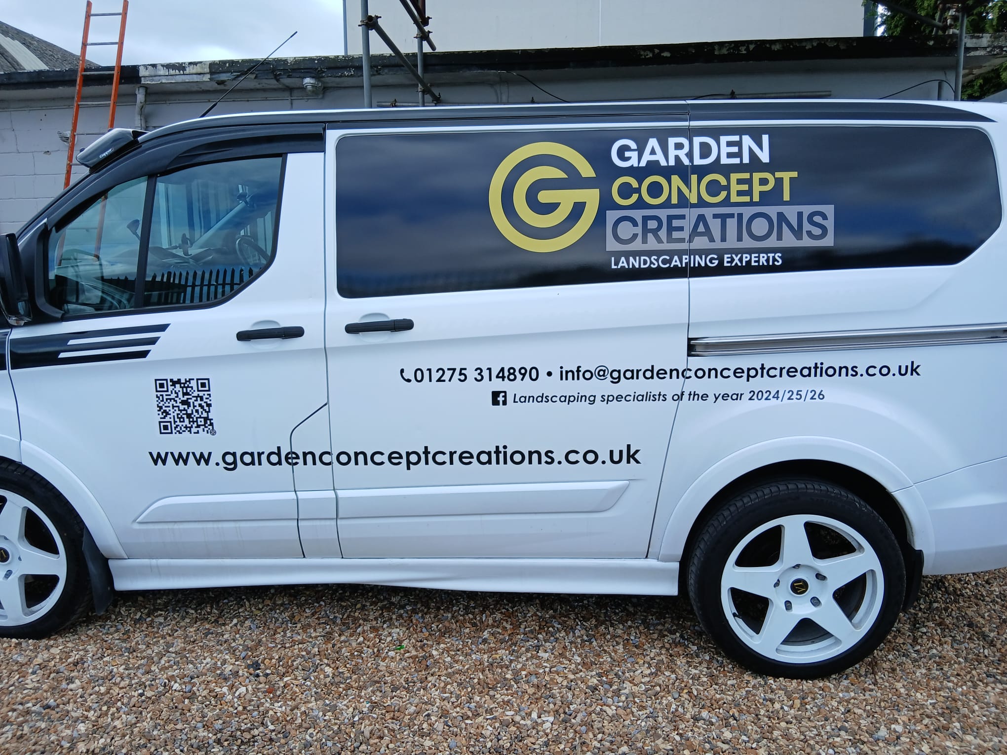 White Ford Transit Custom for Garden Concept Creations Landscaping Experts with clean navy and gold van graphics, fitted by Deco Studio Bristol