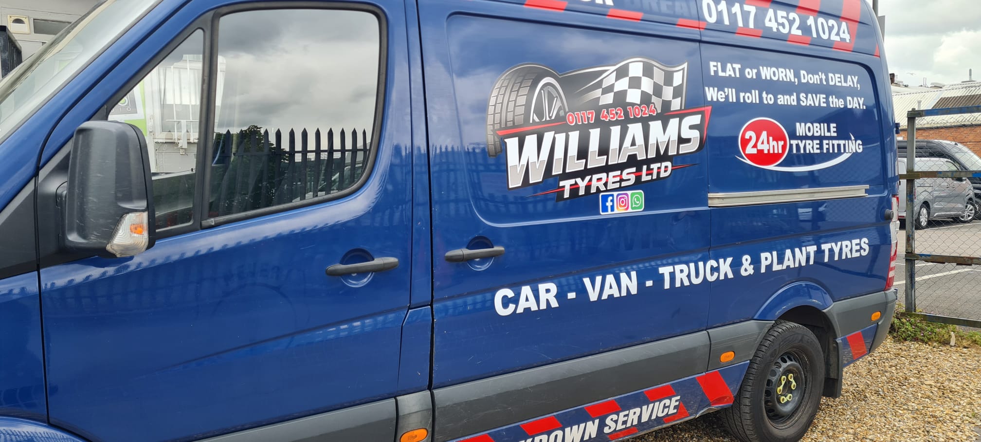 Blue Mercedes Sprinter for Williams Tyres Ltd with bold van lettering and 24-hour mobile tyre fitting graphics, Bristol, by Deco Studio